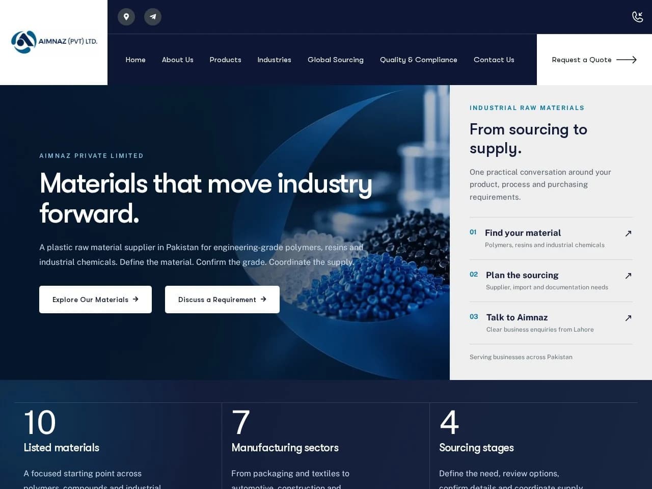 Live Aimnaz website presenting industrial raw materials and sourcing paths
