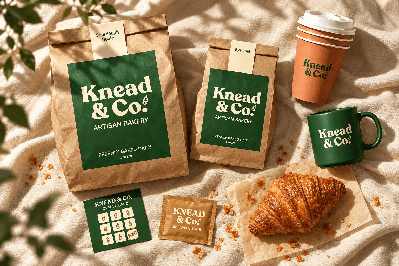 Wide Knead and Co brand board with bakery packaging, coffee cup, mug, loyalty card and croissant