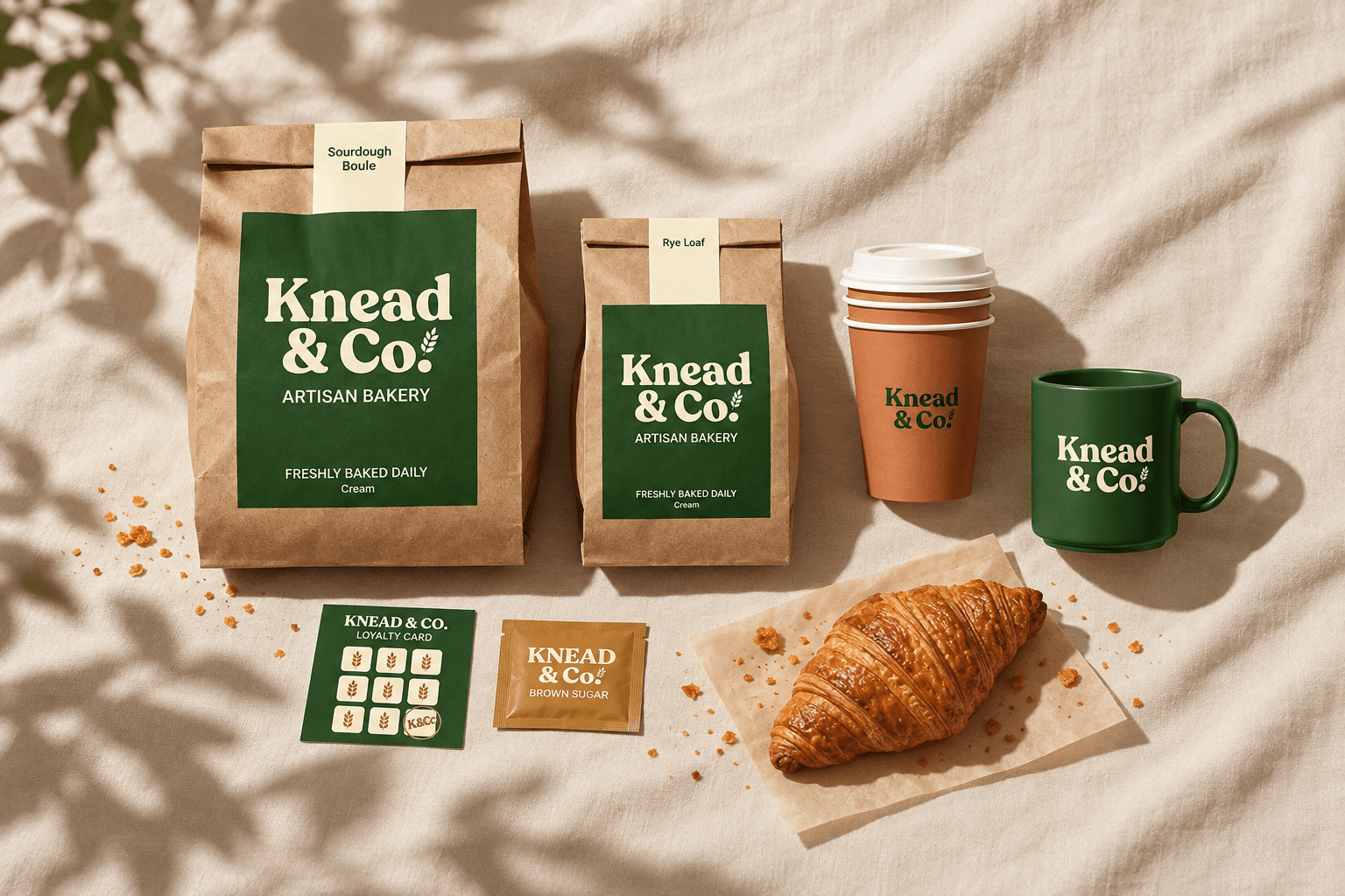 Knead and Co artisan bakery brand identity applied to bread packaging, coffee cup, mug and loyalty card