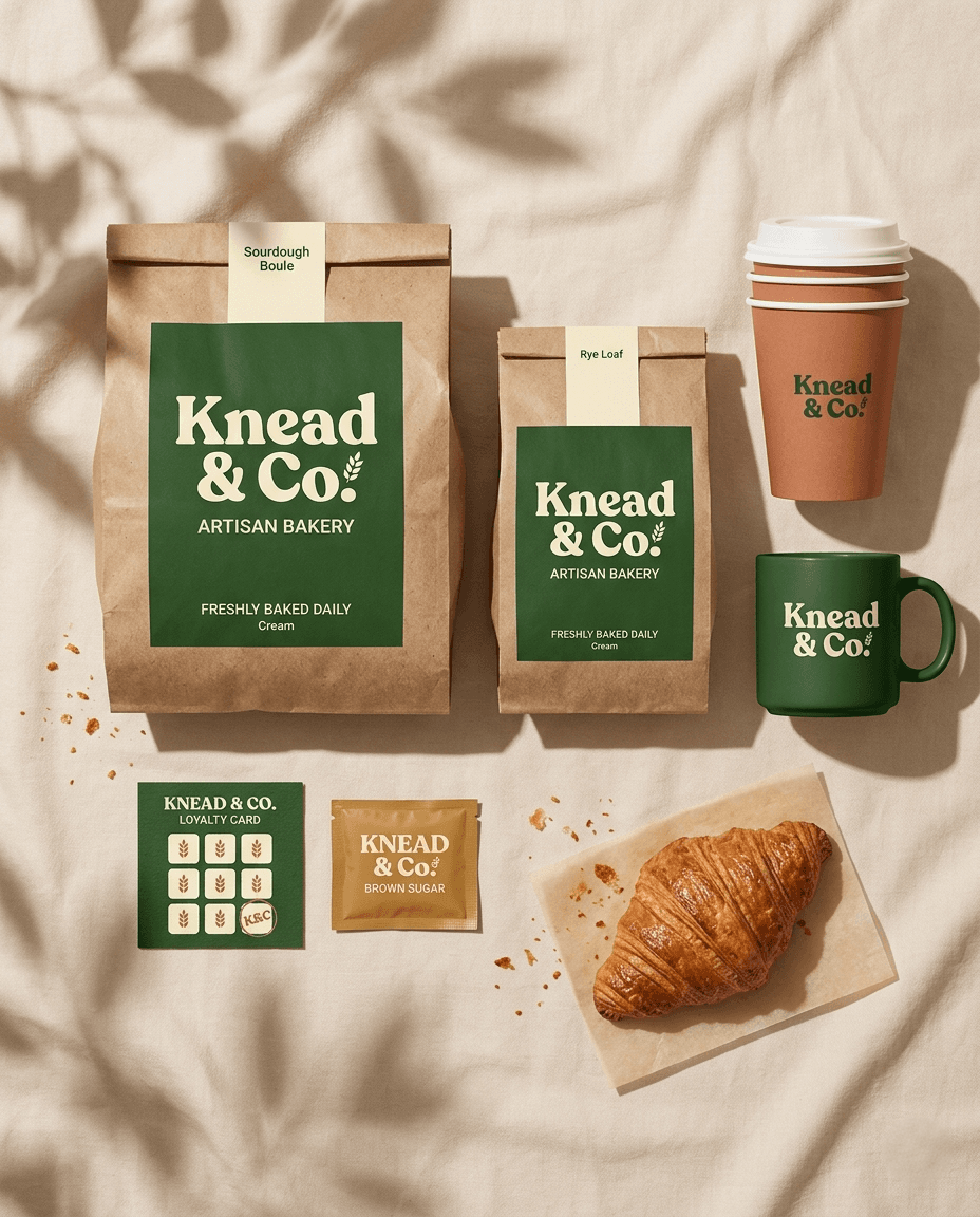 Original Knead and Co identity design showing branded packaging, a coffee cup, mug and loyalty card