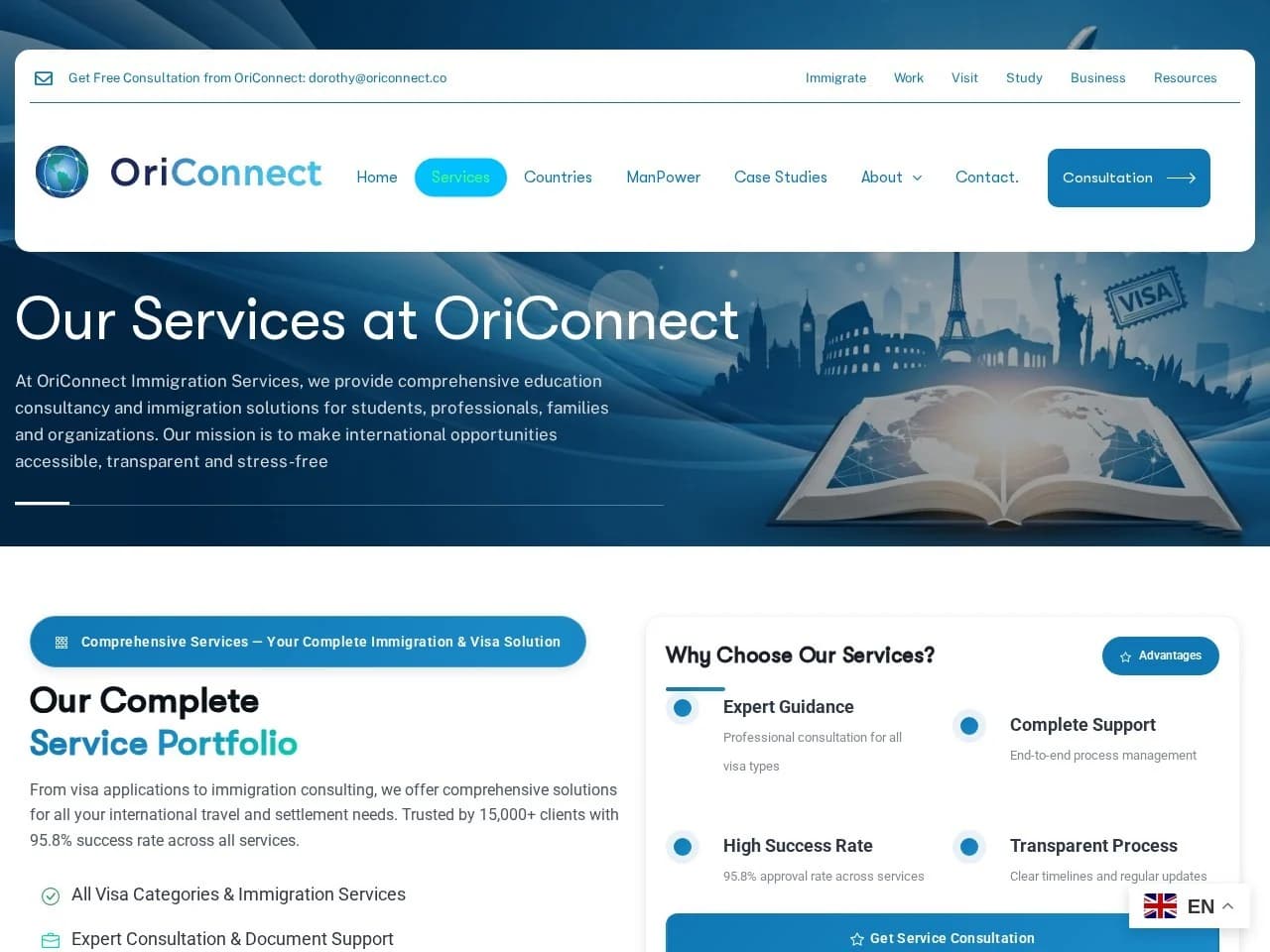 Live OriConnect services page with study, work and visa service information