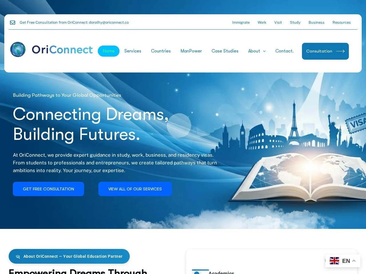 Live OriConnect website showing immigration and education services and consultation navigation