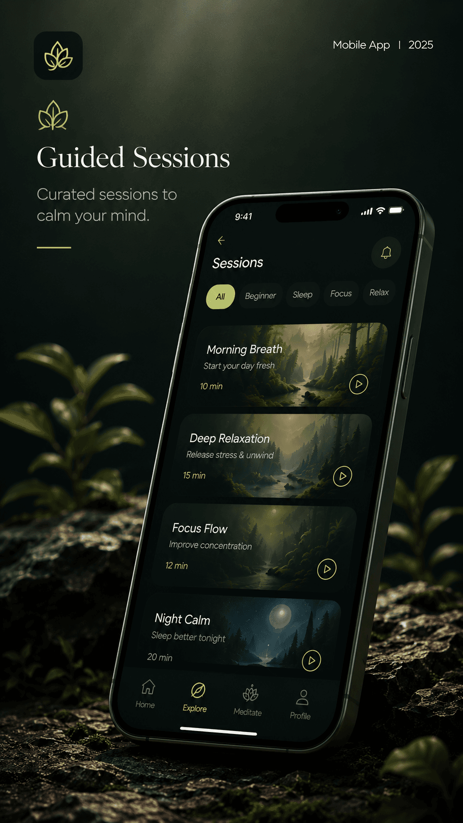 Original Seren guided sessions mobile screen with meditation categories and session cards