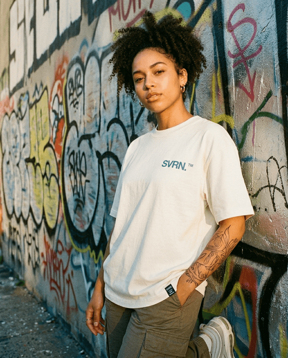 Original SVRN T-shirt styling photograph against an urban wall