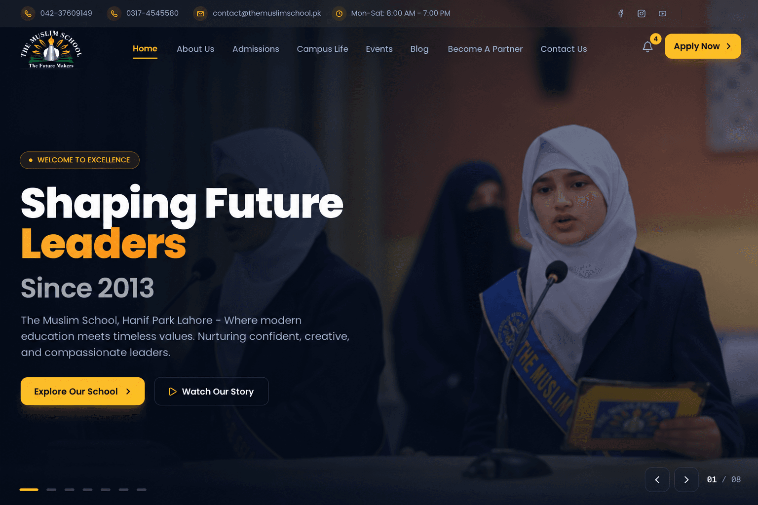 Full-frame landscape presentation based on a captured The Muslim School public website page