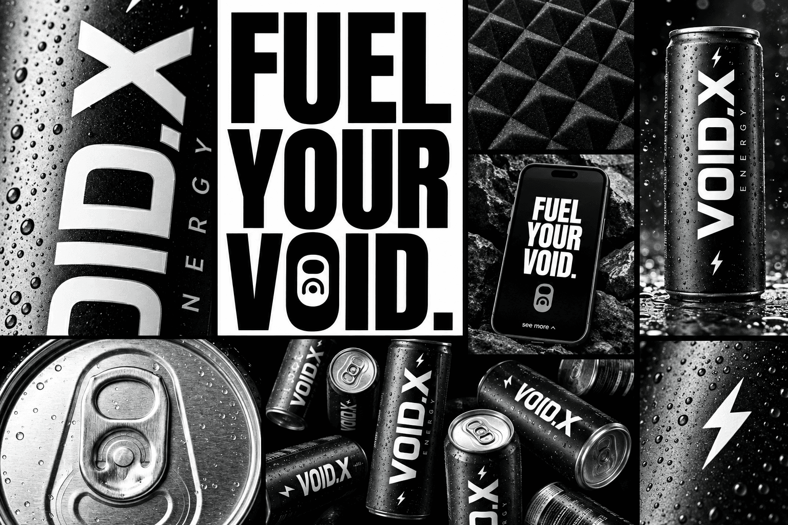 Wide monochrome VOID.X brand board with can photography, slogan and digital artwork