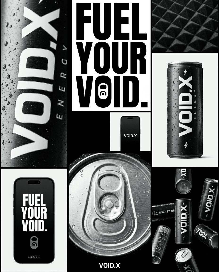 Original VOID.X energy brand board showing the wordmark, slogan, can graphics and digital application
