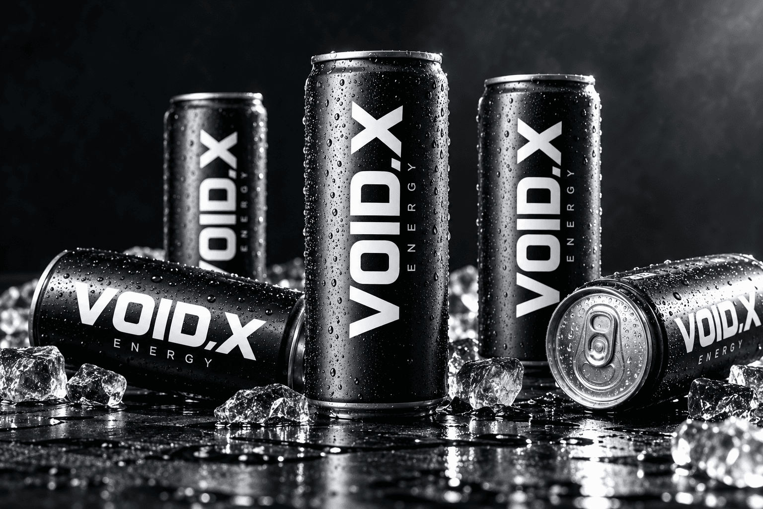 VOID.X energy drink packaging identity on chilled black cans in a dark studio