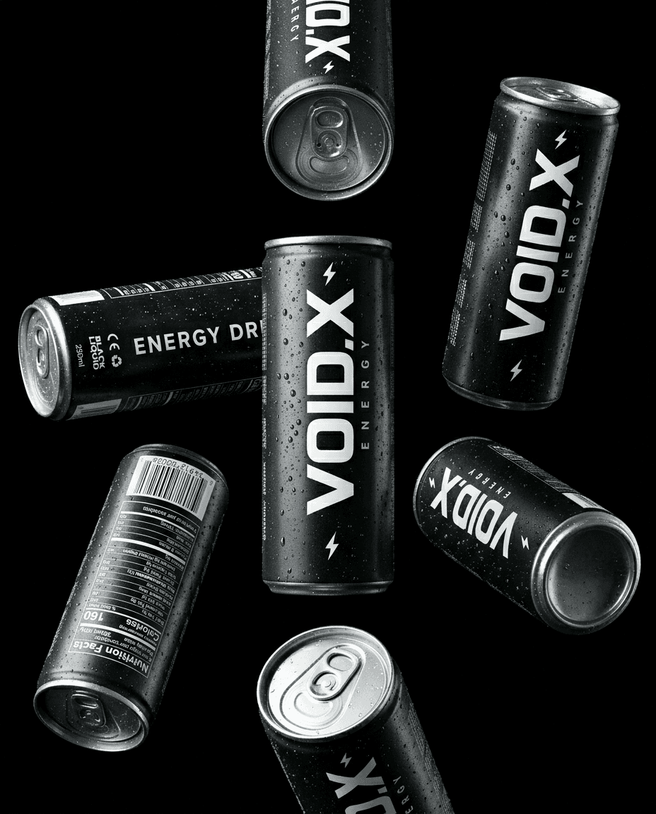 Original VOID.X can packaging design arranged in a black-on-black product photograph