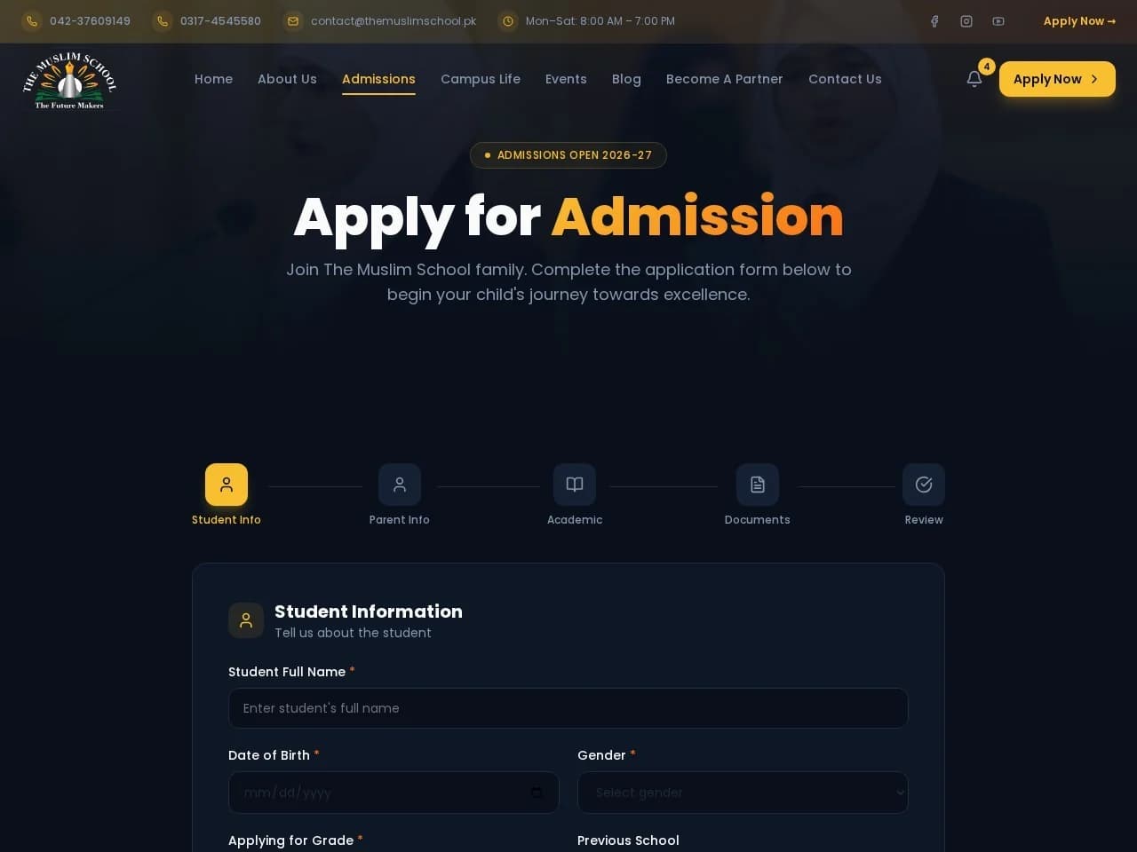 Live The Muslim School admissions page with a multi-step student application form