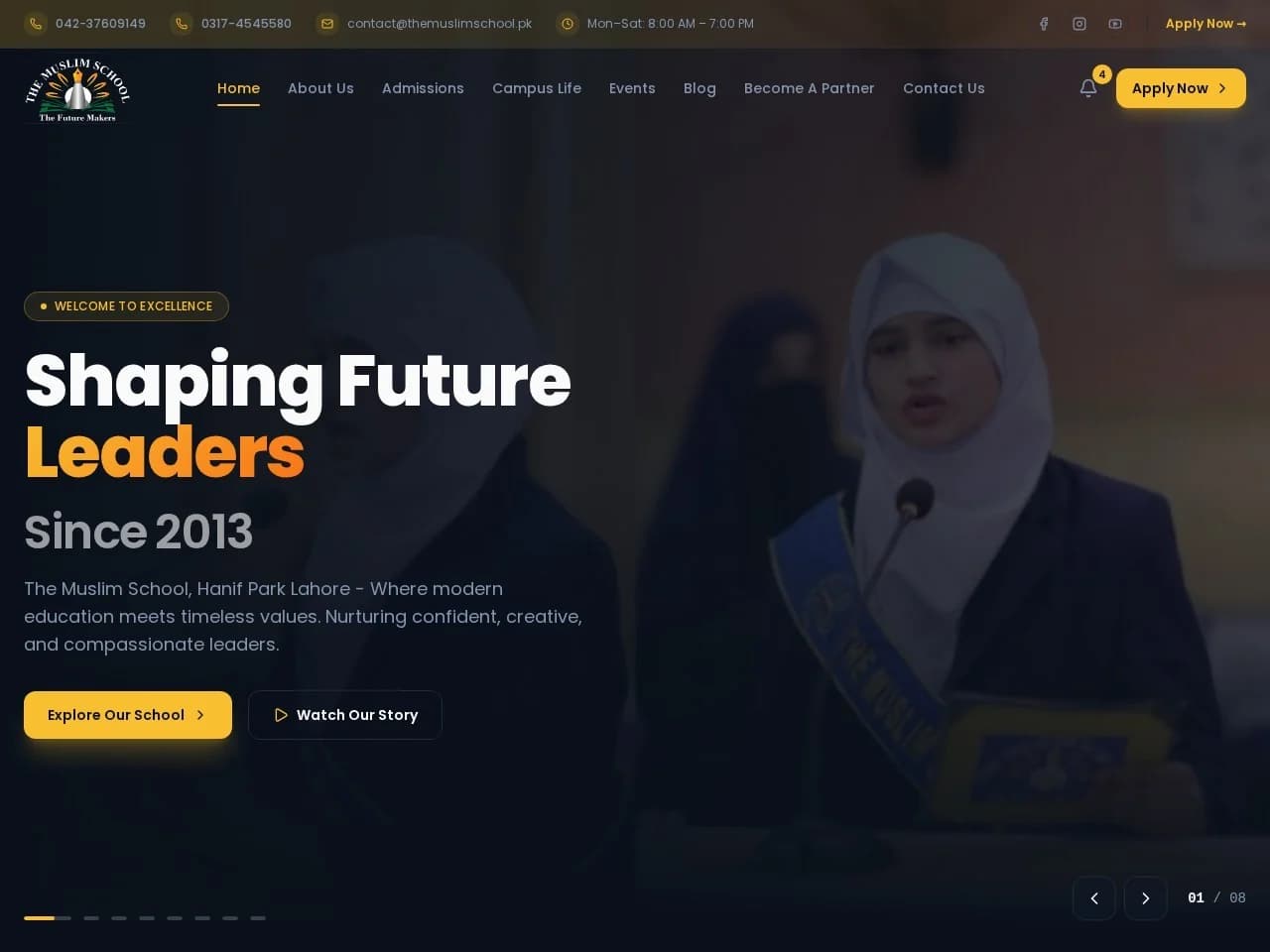 Live The Muslim School website showing the school introduction and admissions navigation